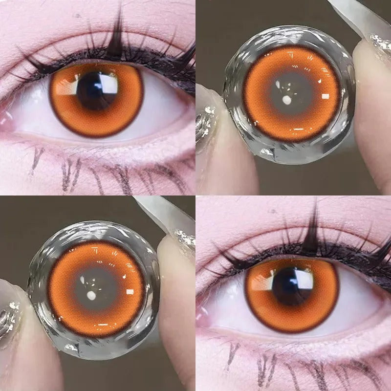 Lentes de Contacto Cosplay Orange naranja con borde oscuro, vistos en el ojo y sostenidos entre los dedos