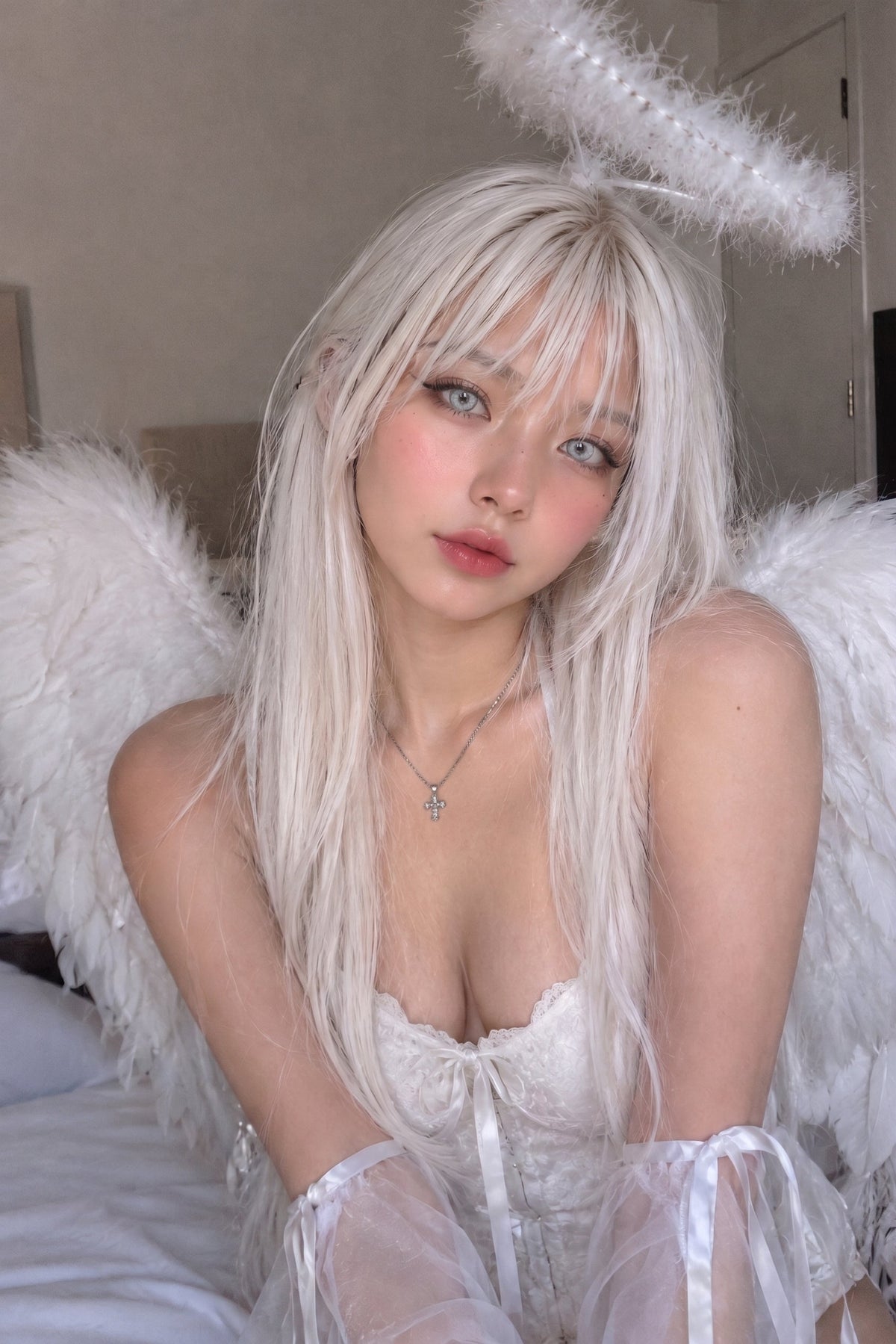 Lentes de Contacto Koi Silver en un look etéreo de cabello blanco y maquillaje pálido