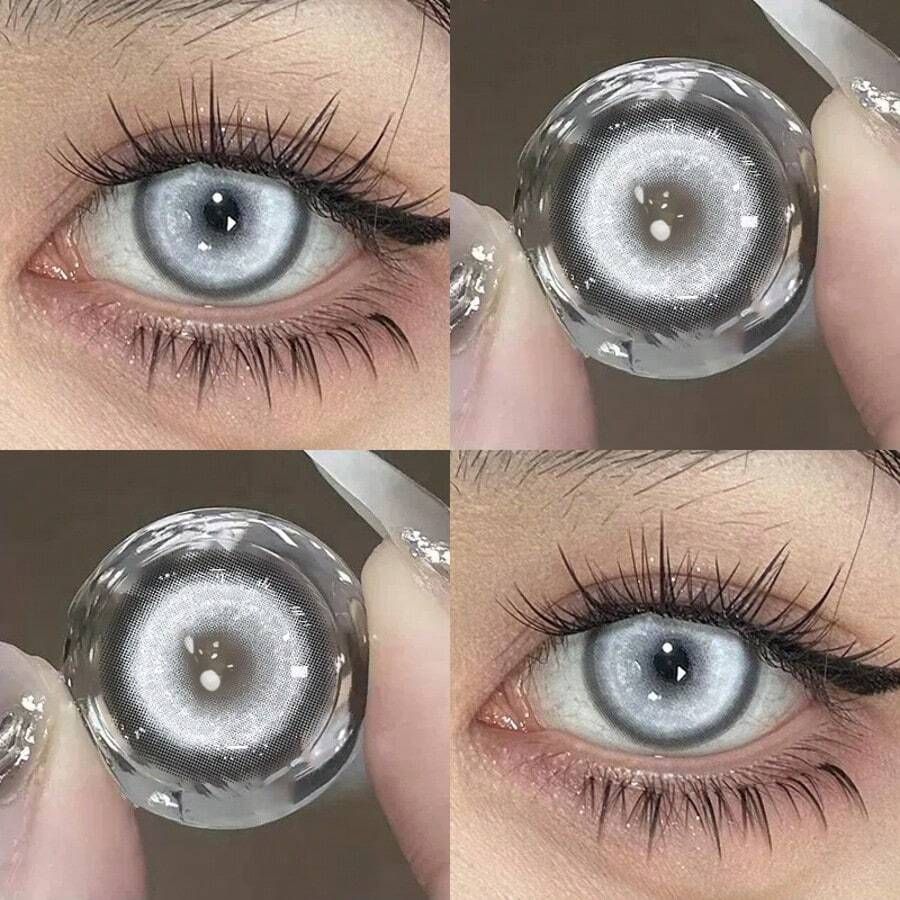 Lentes de Contacto Koi Silver gris plateado con borde oscuro, vistos de cerca en el ojo