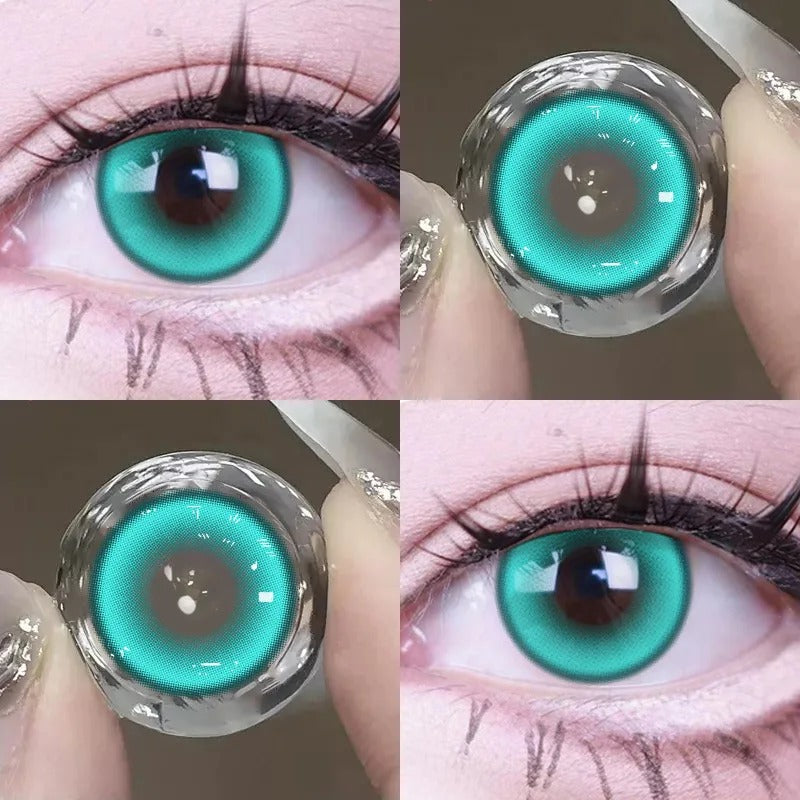 Lentes de Contacto Cosplay Cyan turquesa con borde oscuro, vistos en el ojo y sostenidos entre los dedos