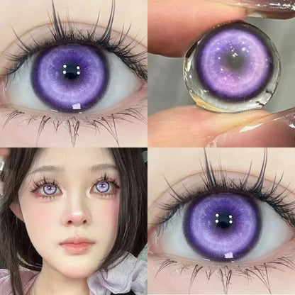 Lentes de Contacto Koi Purple violeta con borde oscuro, vistos de cerca en el ojo y puestos en una modelo