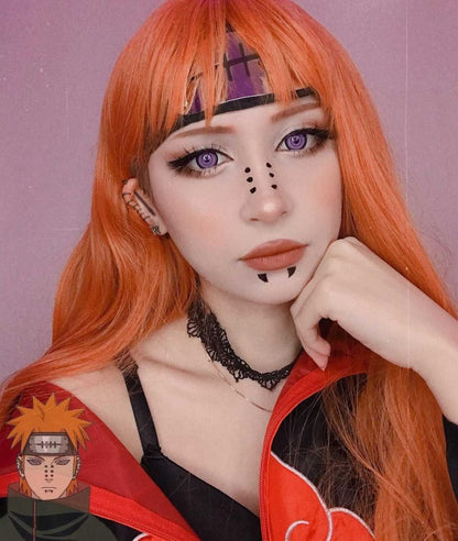 Lentes de Contacto Rinnegan puestos, mirada femenina con efecto anime